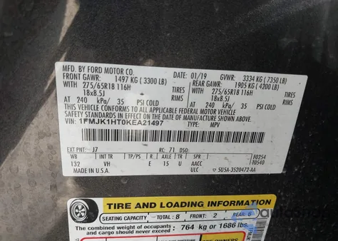 2019 Ford Expedition Max Xlt z USA, uszkodzony, nr VIN 1FMJK1HT0KEA21497